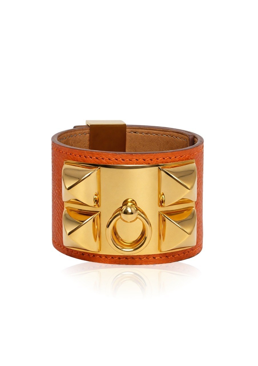HERMES COLLIER DE CHIEN (CDC) BANGLE FEATURING ORANGE ENAMEL AND GOLD PLATED HARDWARE EC00105LEBG