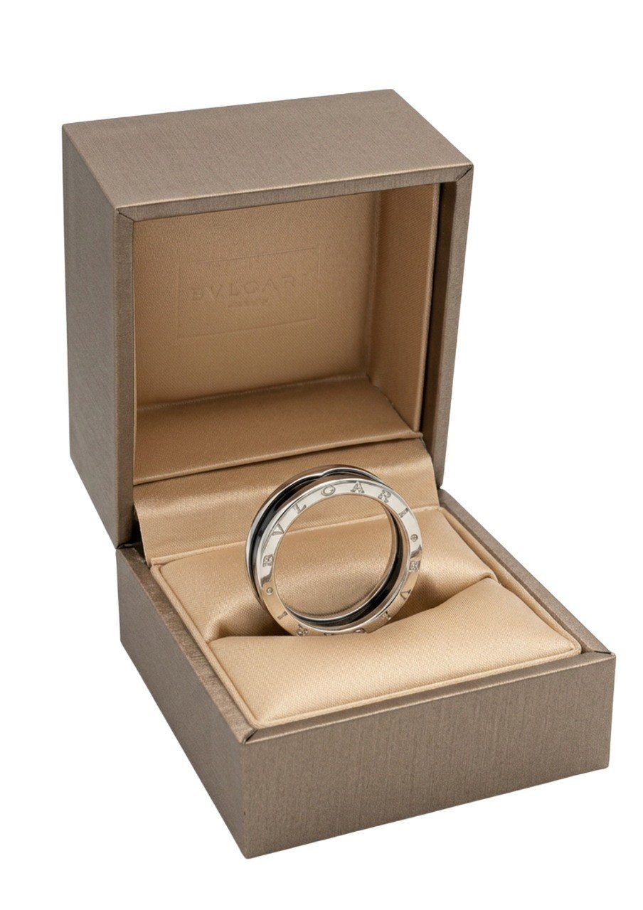 BVLGARI SAVE THE CHILDREN ONE-BAND STERLING SILVER RING WITH BLACK CERAMIC (EC001103SR)
