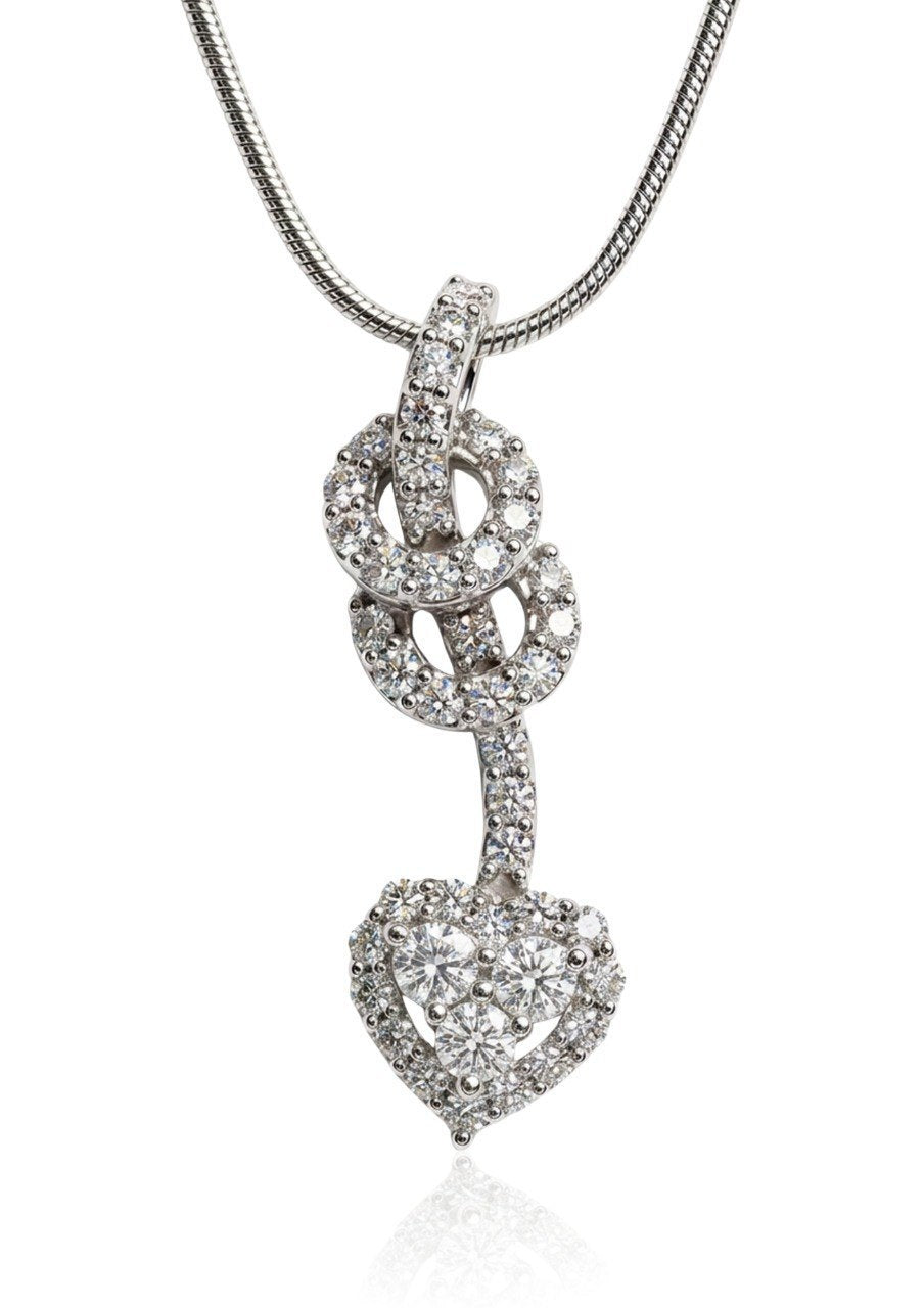 750 WHITE GOLD DIAMOND PAVE DOUBLE LOOP AND PAVE HEART DROP PENDANT ON A SNAKE CHAIN (EC00125WGC)