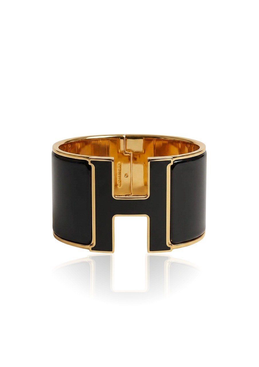 HERMES CLIC CLAC H BANGLE FEATURING BLACK ENAMEL AND GOLD PLATED HARDWARE (EC00106LEBG)